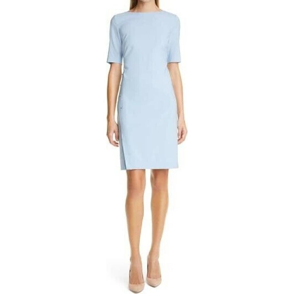 Hugo Boss Sheath Dress Sz 16 US Wool Blue Pencil Studded 3/4 Sleeve Wiggle NWT